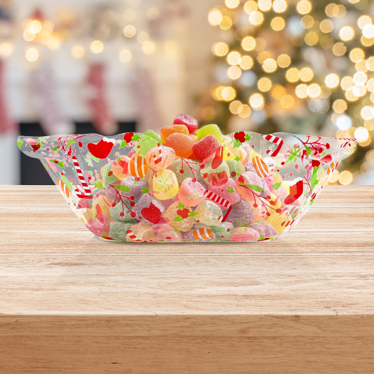 Plato de Plástico Navideño con Efecto Celofán, Diseño Bastón de Dulce