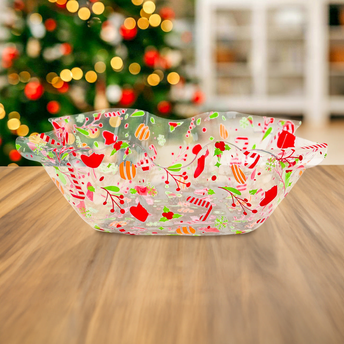 Plato de Plástico Navideño con Efecto Celofán, Diseño Bastón de Dulce