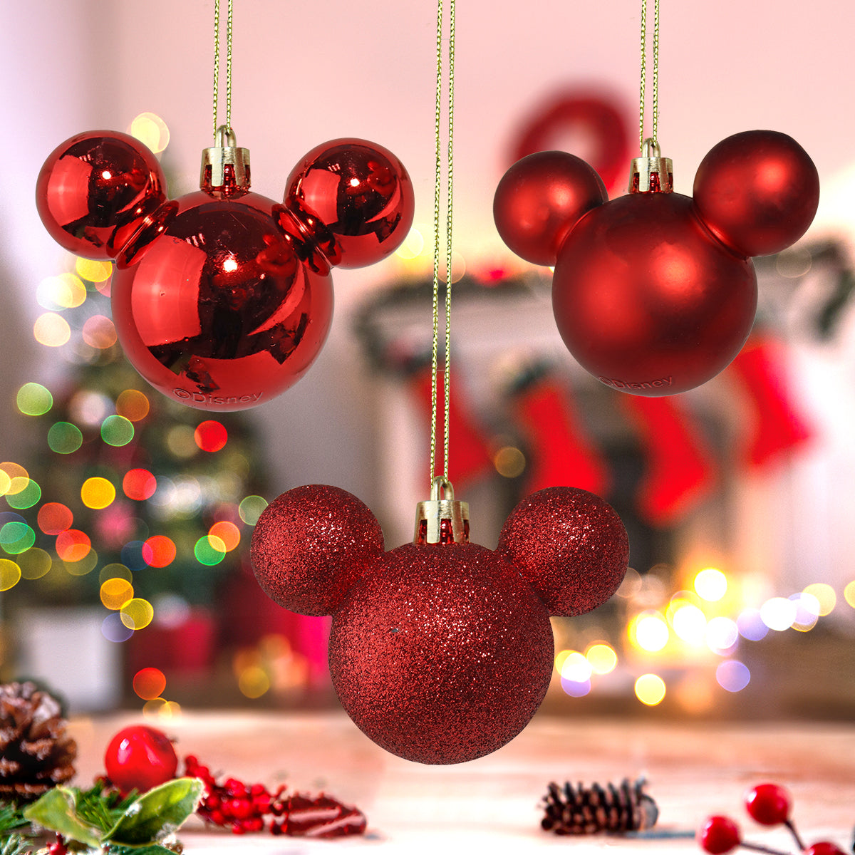 Set de 3 Esferas Navideñas color Rojo en Forma de Mickey Mouse