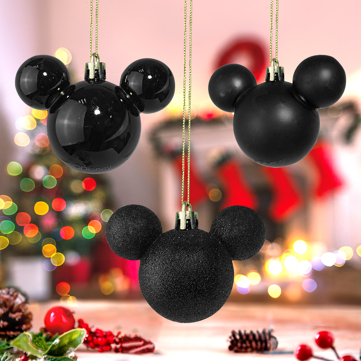 Set de 3 Esferas Navideñas color Negro en Forma de Mickey Mouse