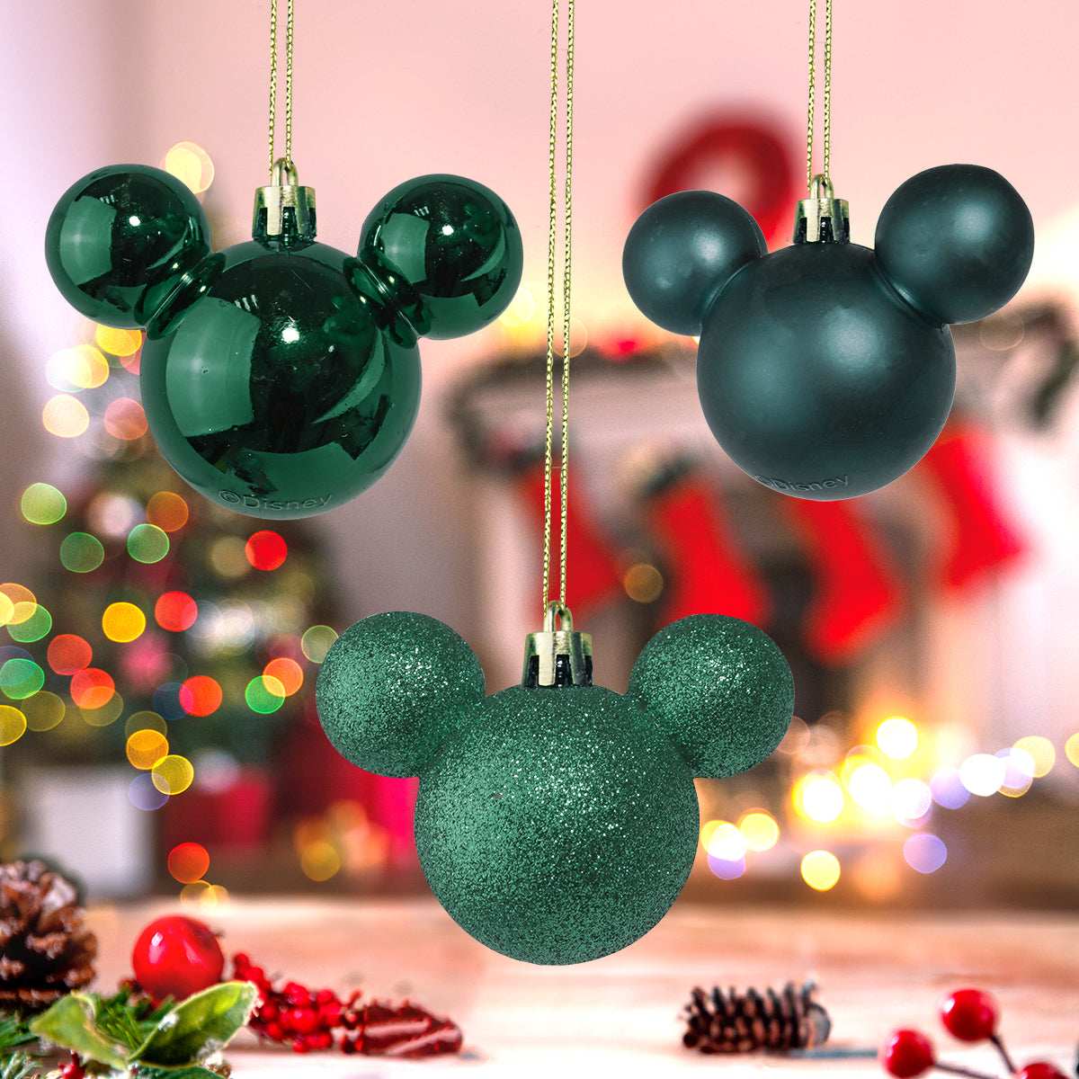 Set de 3 Esferas Navideñas color Verde en Forma de Mickey Mouse