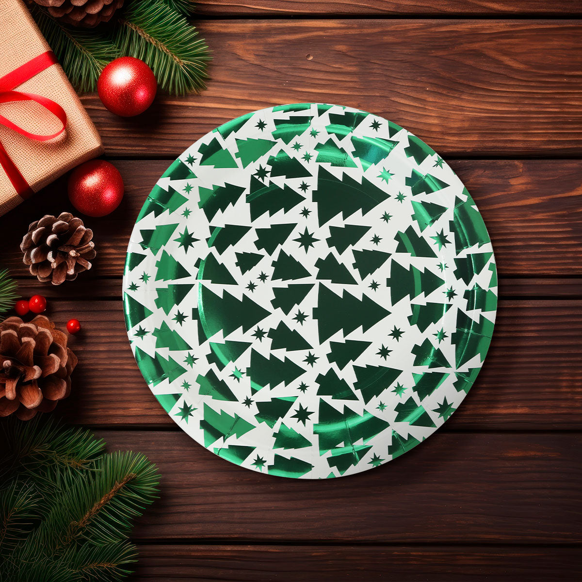 Set de 10 Platos de Cartón con Diseño de Navidad color Verde