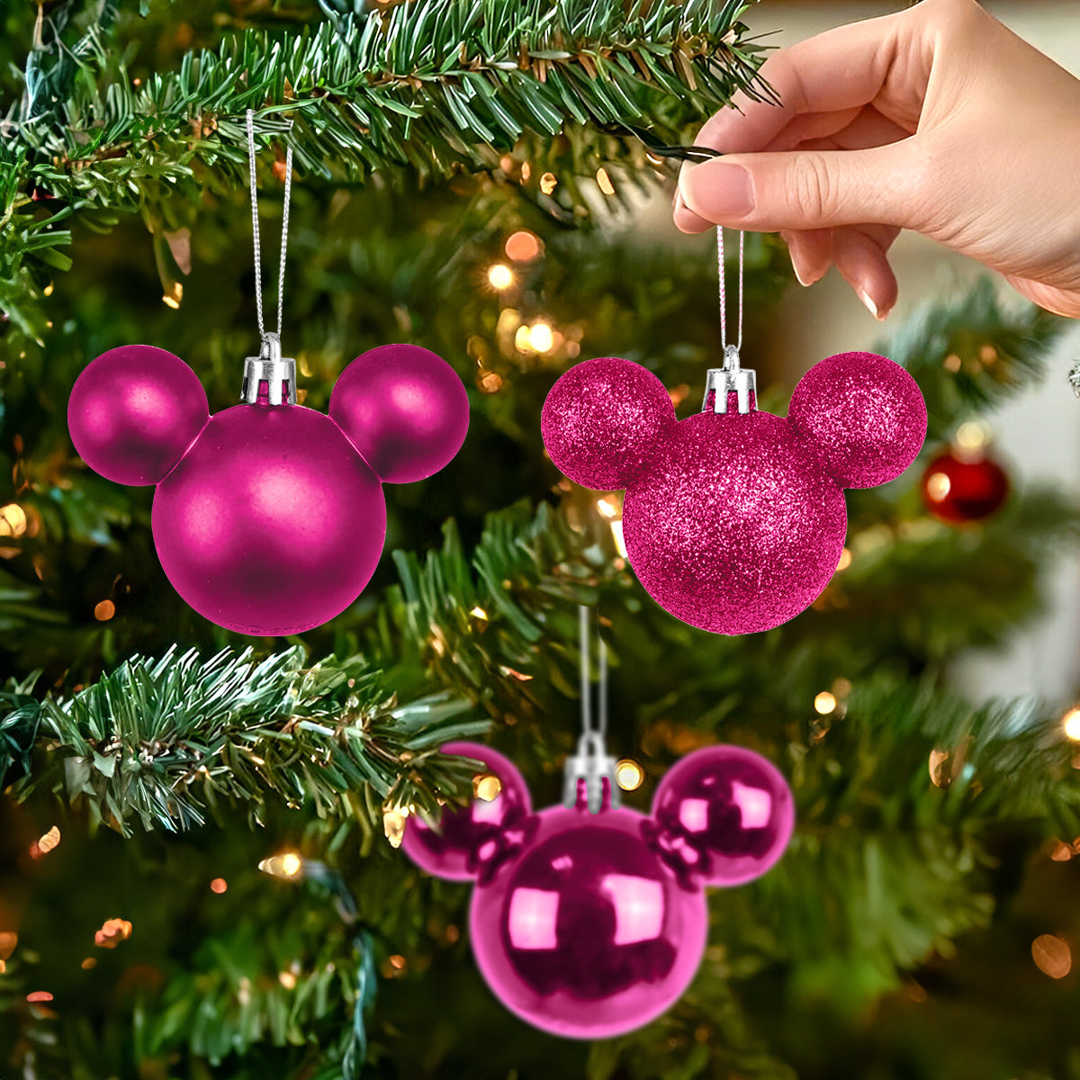 Set de 3 Esferas Navideñas color Fucsia en Forma de Mickey Mouse