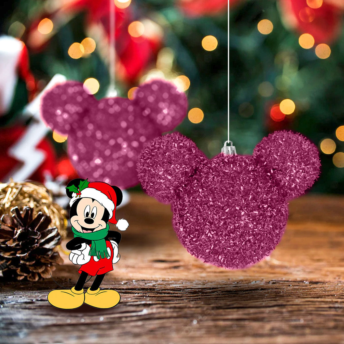 Esfera Navideña de Tinsel color Fucsia en Forma de Mickey Mouse