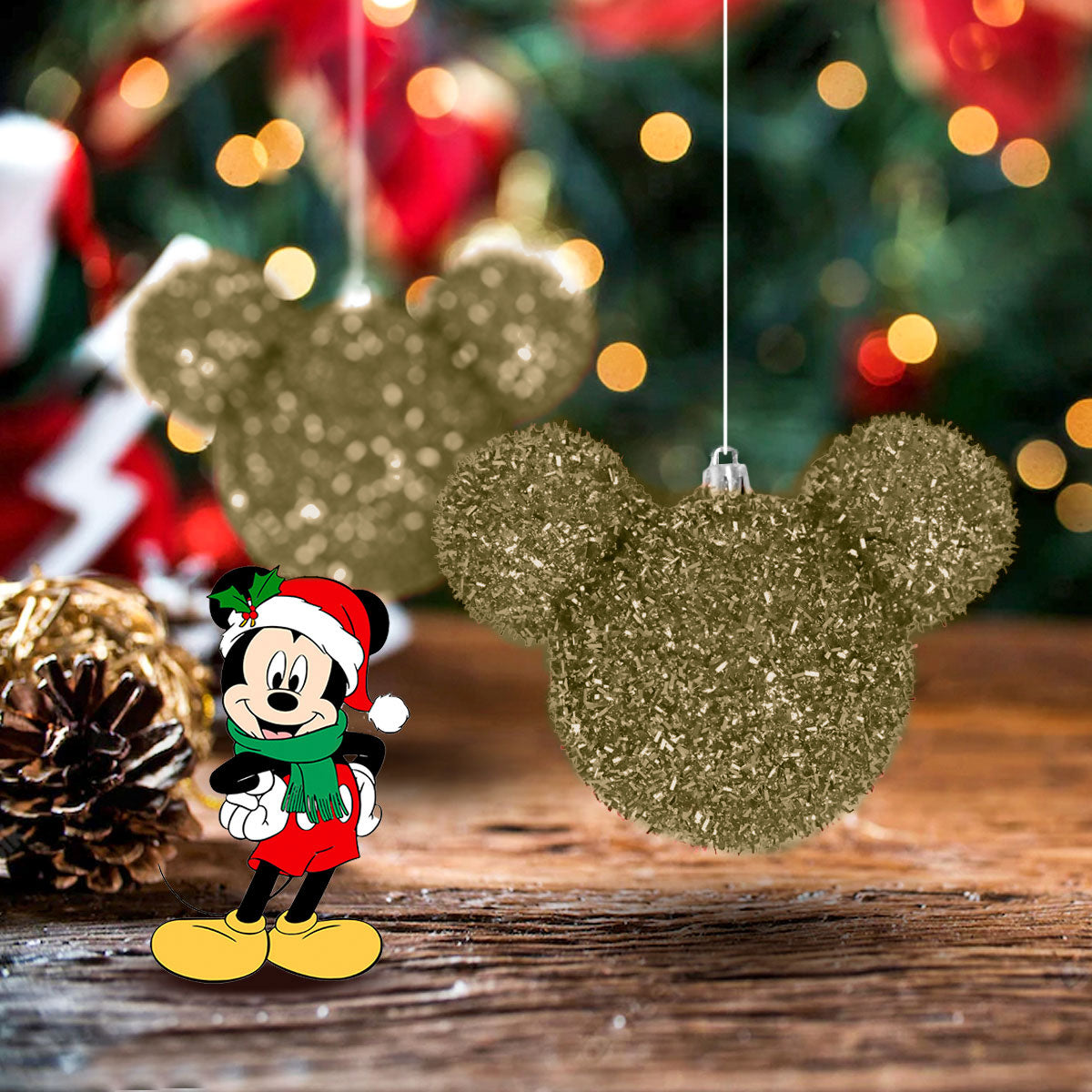 Esfera Navideña de Tinsel color Oro en Forma de Mickey Mouse