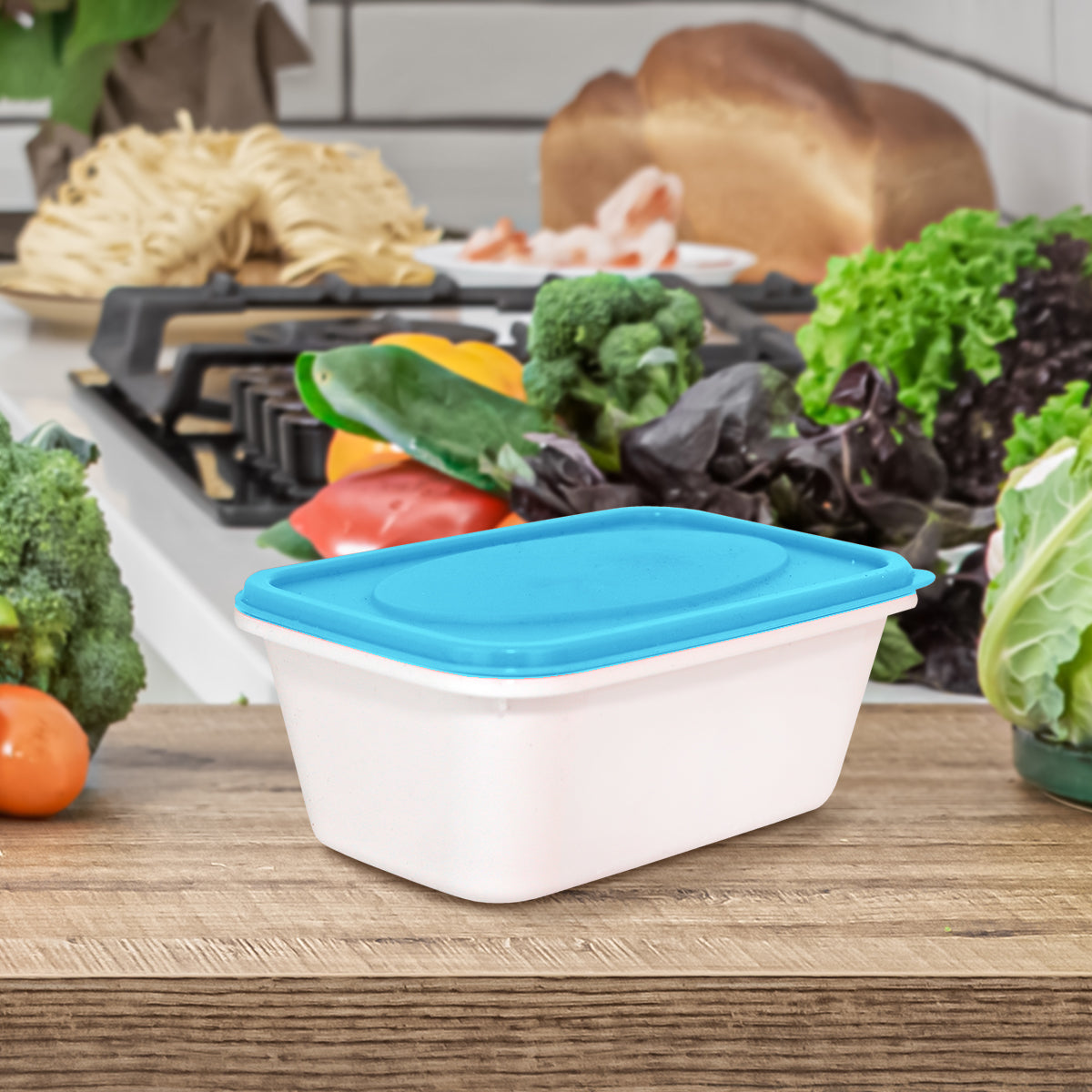 Contenedor Rectangular de Plástico color Blanco/Azul para Alimentos, 250ml