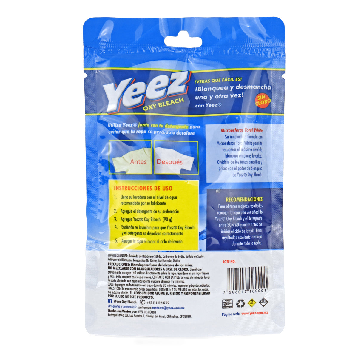 Desmanchador y Blanqueador para Ropa 90 gr, Yeez Oxy Bleach