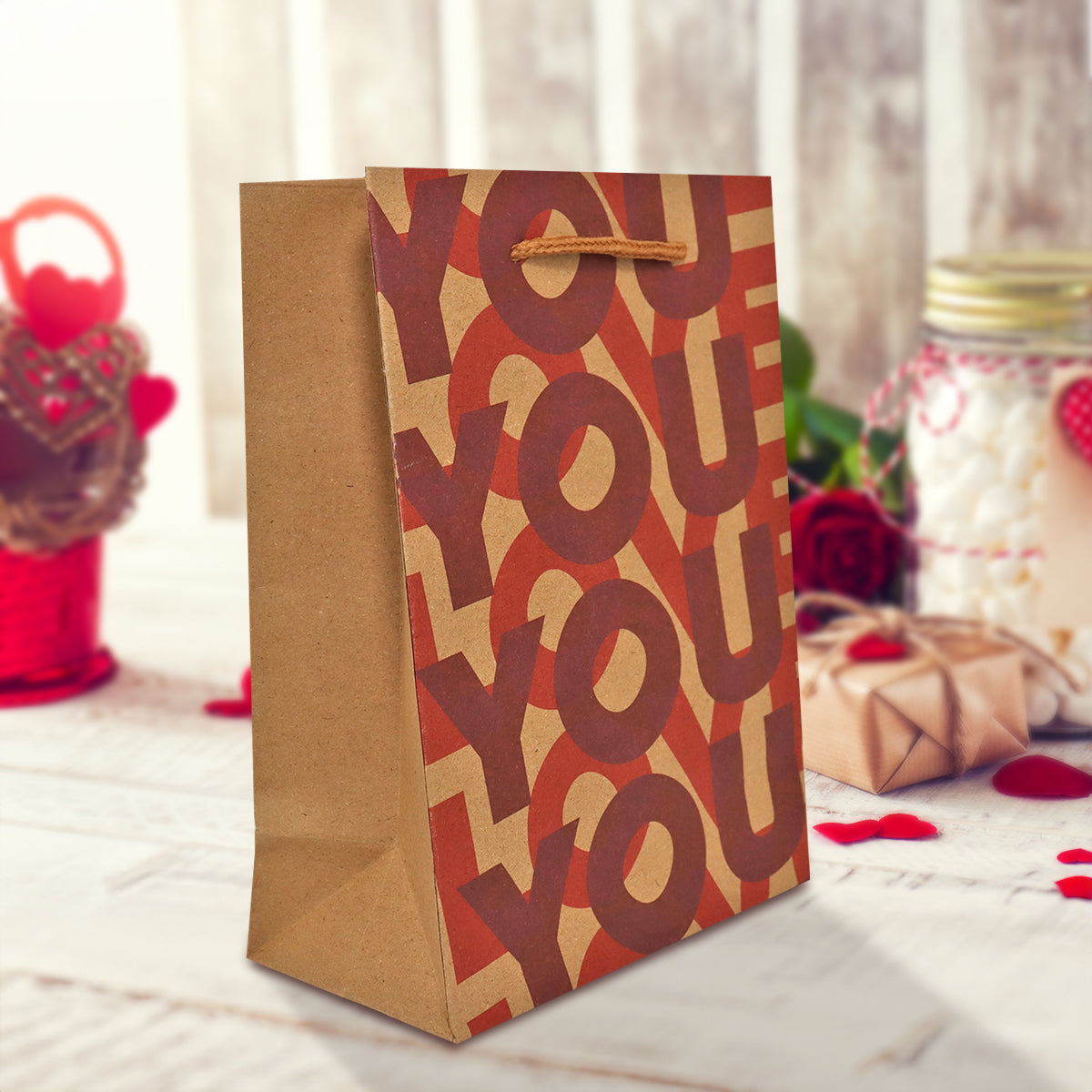 Bolsa de Papel Kraft para Regalo, Decorada con "Love You"