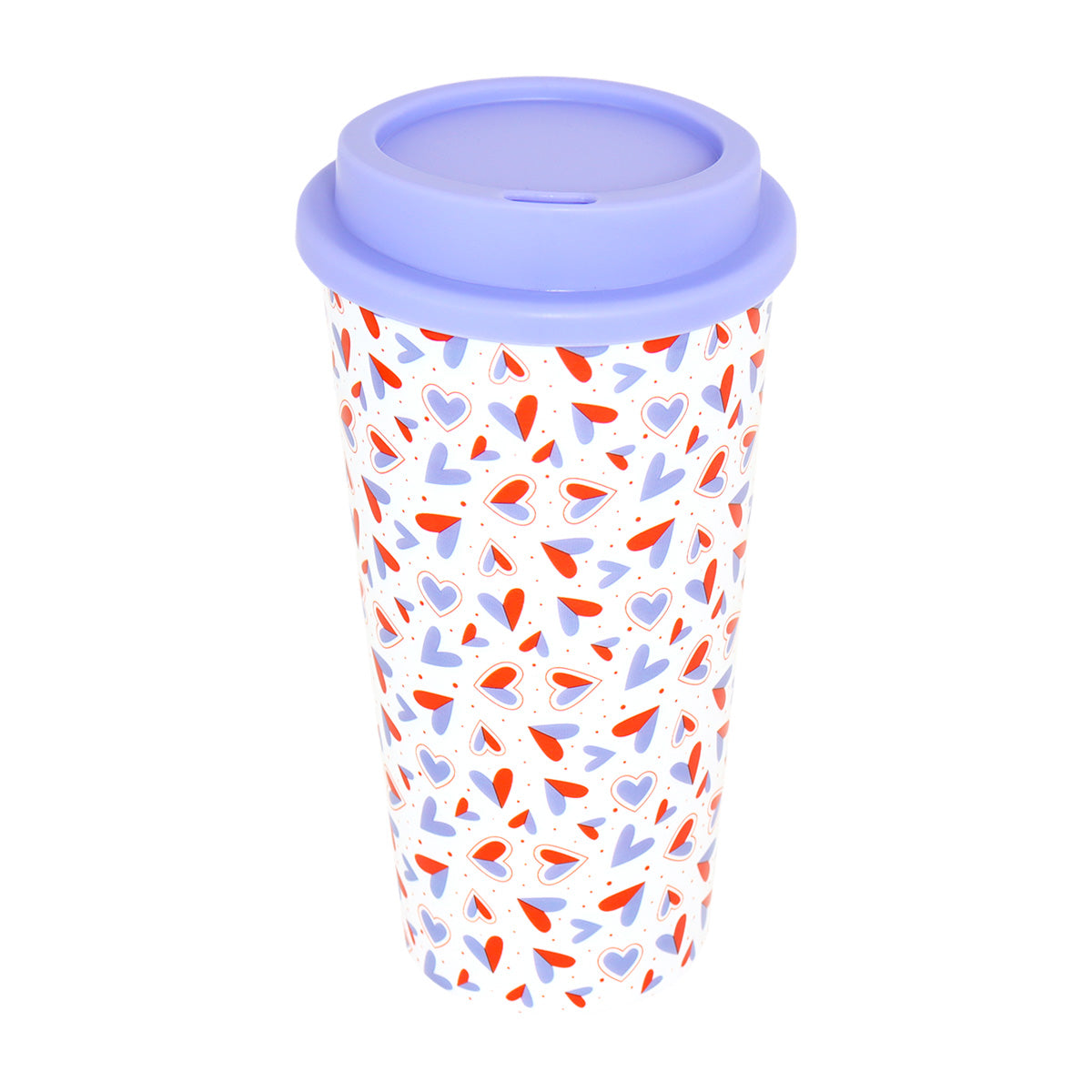 Vaso para Café con Diseño de Corazones y Tapa Morado