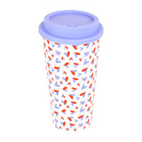 Vaso para Café con Diseño de Corazones y Tapa Morado