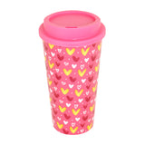 Vaso para Café con Diseño de Corazones y Tapa Rosa