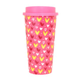 Vaso para Café con Diseño de Corazones y Tapa Rosa