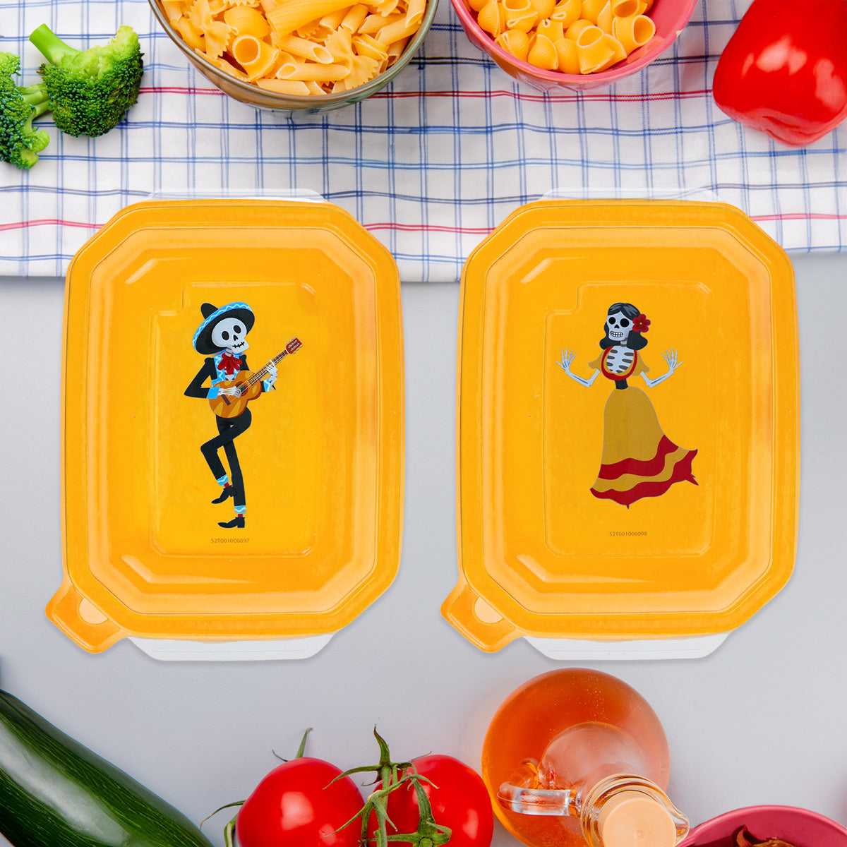Contenedor Transparente Día de Muertos, Tapa Color Naranja, 2 pzas