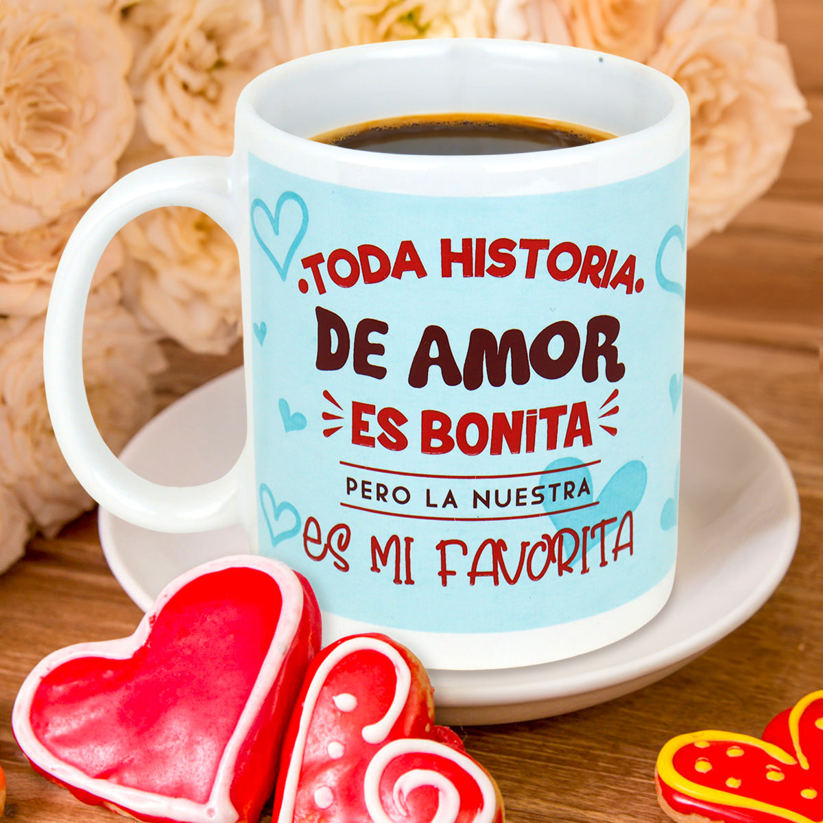 Taza de Cerámica con Estampado de Corazones, color Aqua