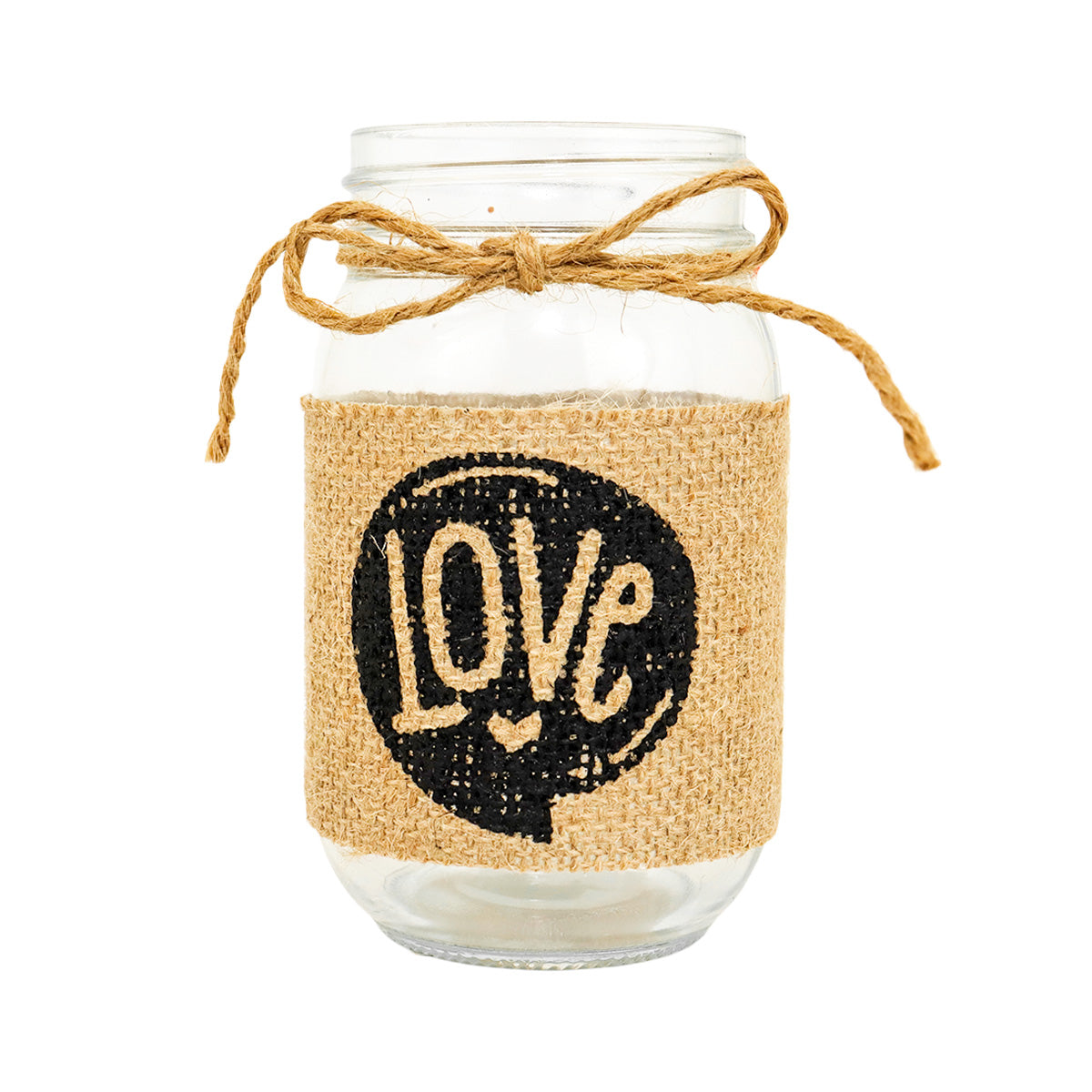 Mason Jar de Vidrio Decorado con Yute, "Love"