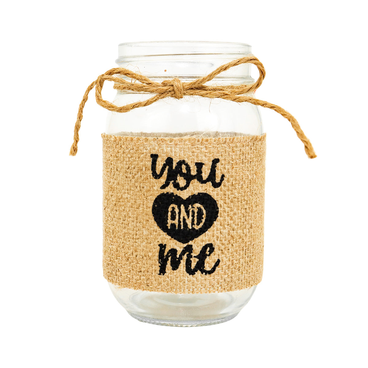 Mason Jar de Vidrio Decorado con Yute, "You and Me"