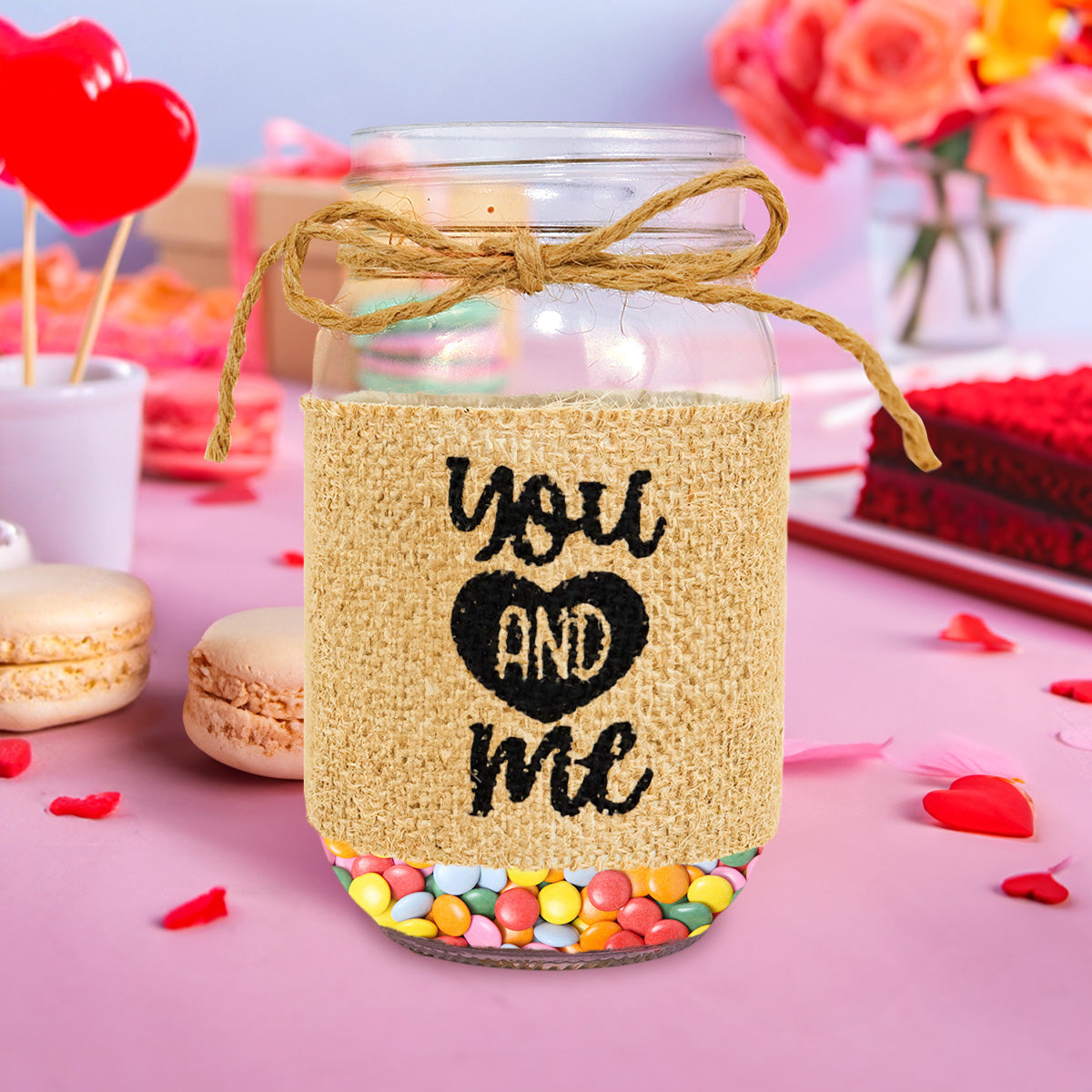 Mason Jar de Vidrio Decorado con Yute, "You and Me"