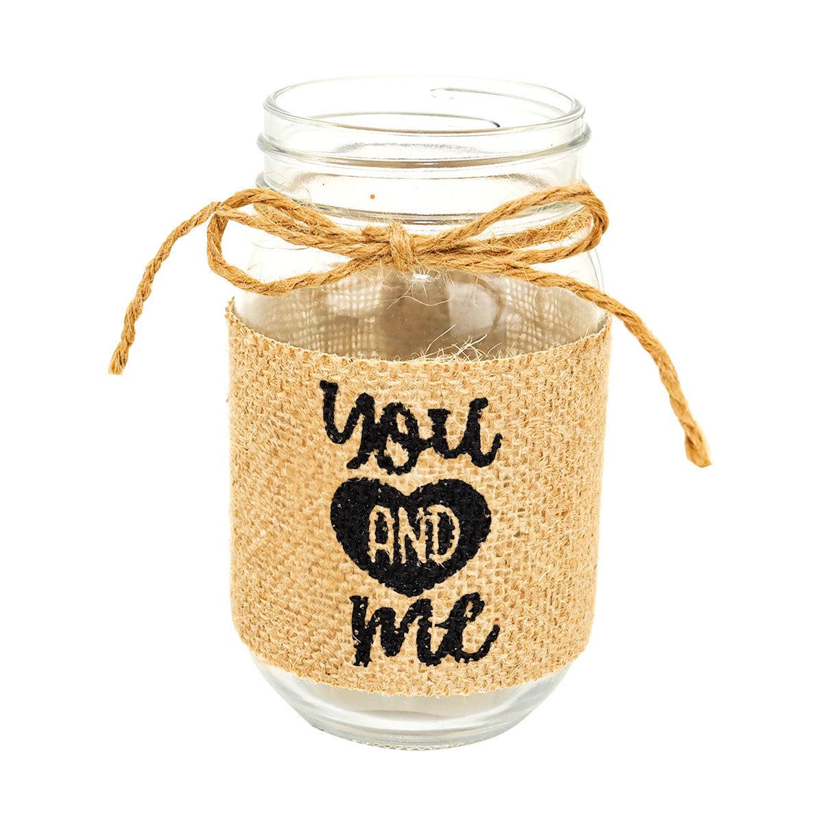 Mason Jar de Vidrio Decorado con Yute, "You and Me"