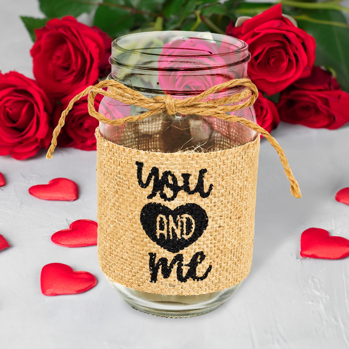 Mason Jar de Vidrio Decorado con Yute, "You and Me"