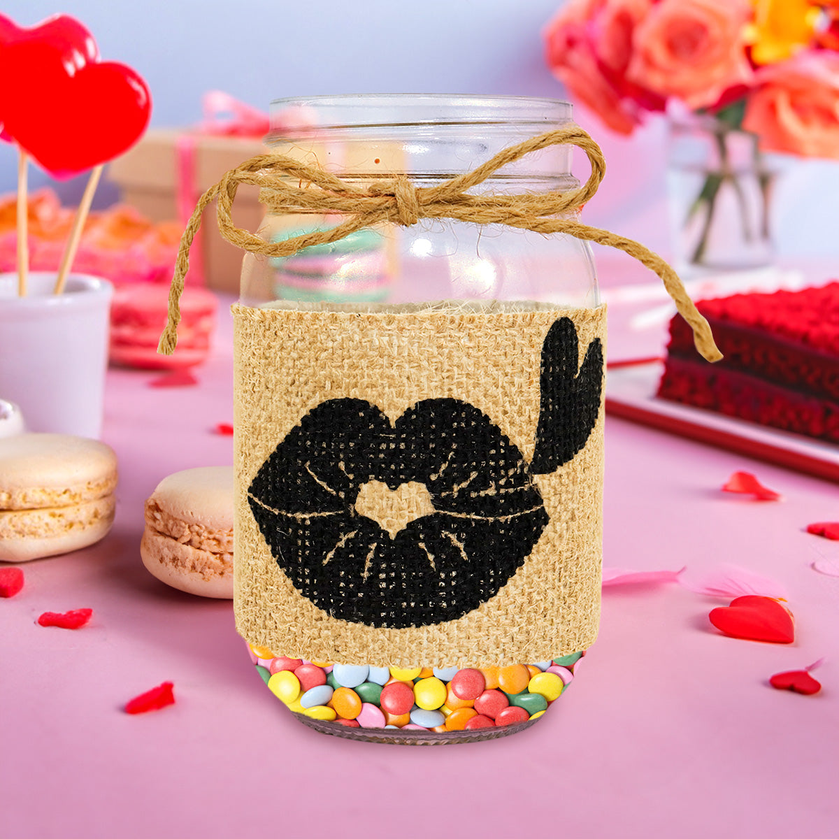 Mason Jar de Vidrio Decorado con Yute, Beso