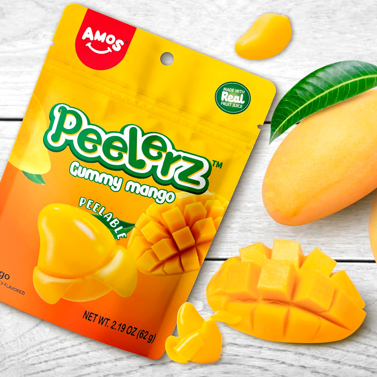 Gomitas Pelable en Forma y Sabor Mango, Amos 62 gr.