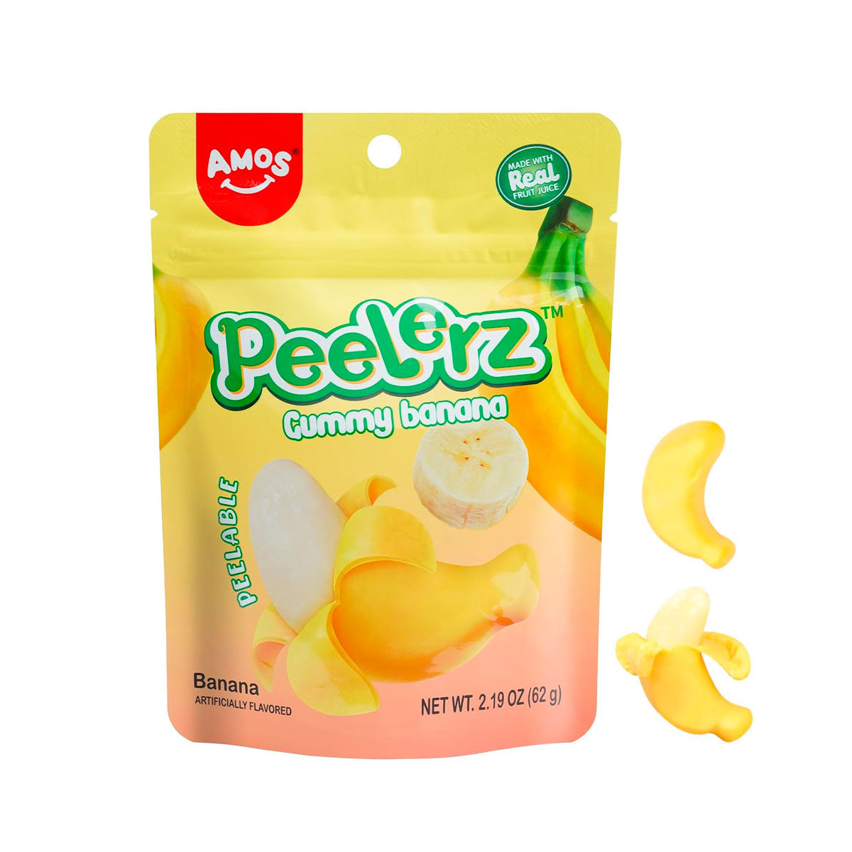 Gomitas Pelables en Forma y Sabor Plátano, Amos 62 gr.