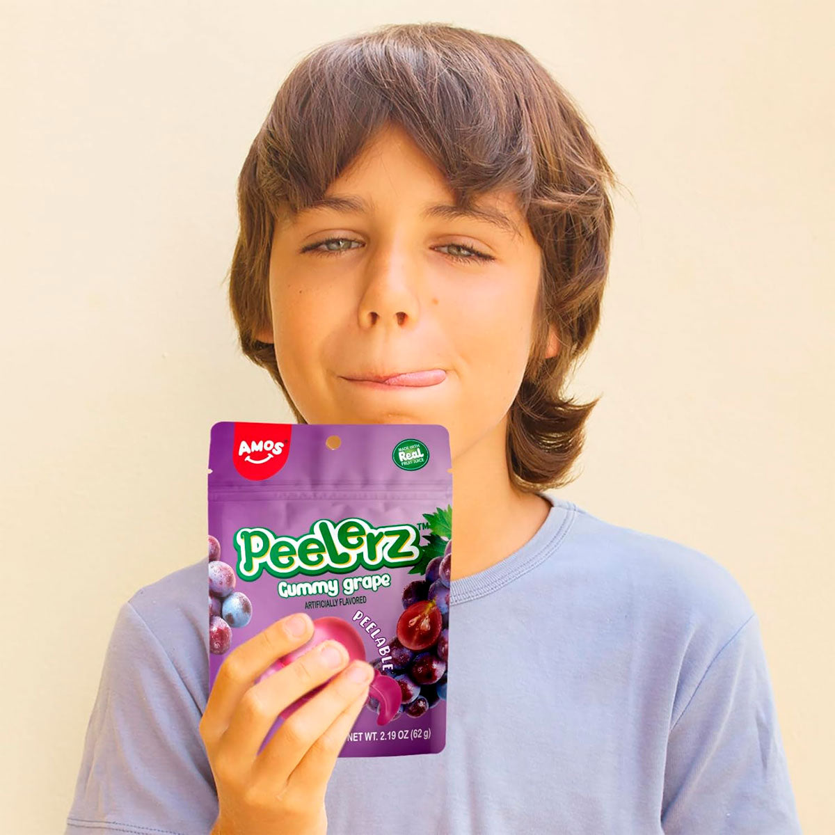 Gomitas Pelable en Forma y Sabor Uva, Amos 62 gr.