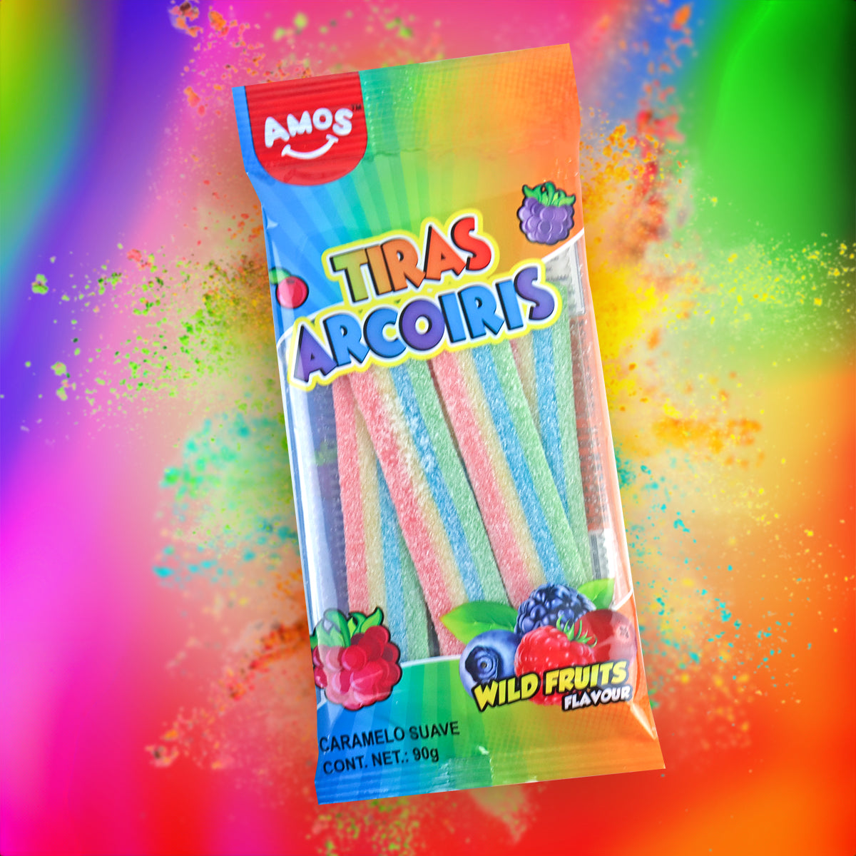 Gomitas de Tiras Acidas Amos con sabores Frutales 90g