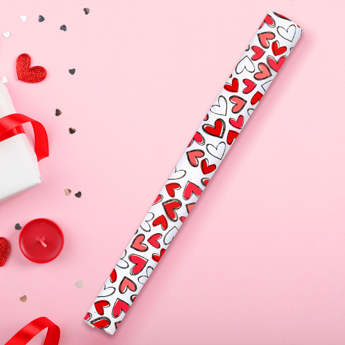 Papel de Regalo de Corazones, color Rojo con Blanco