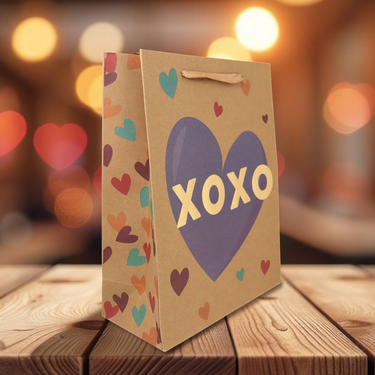 Bolsa de Papel Kraft para Regalo, Decorada con Corazones XOXO