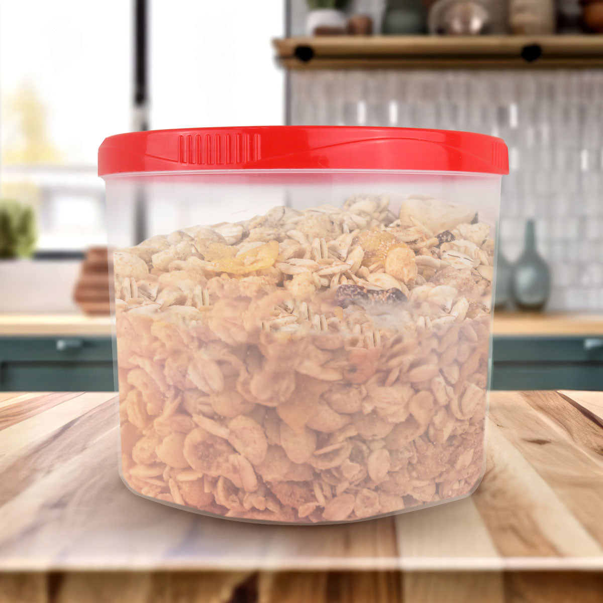 Contenedor Transparente Redondo, Tapa Color Rojo, 1.2 L