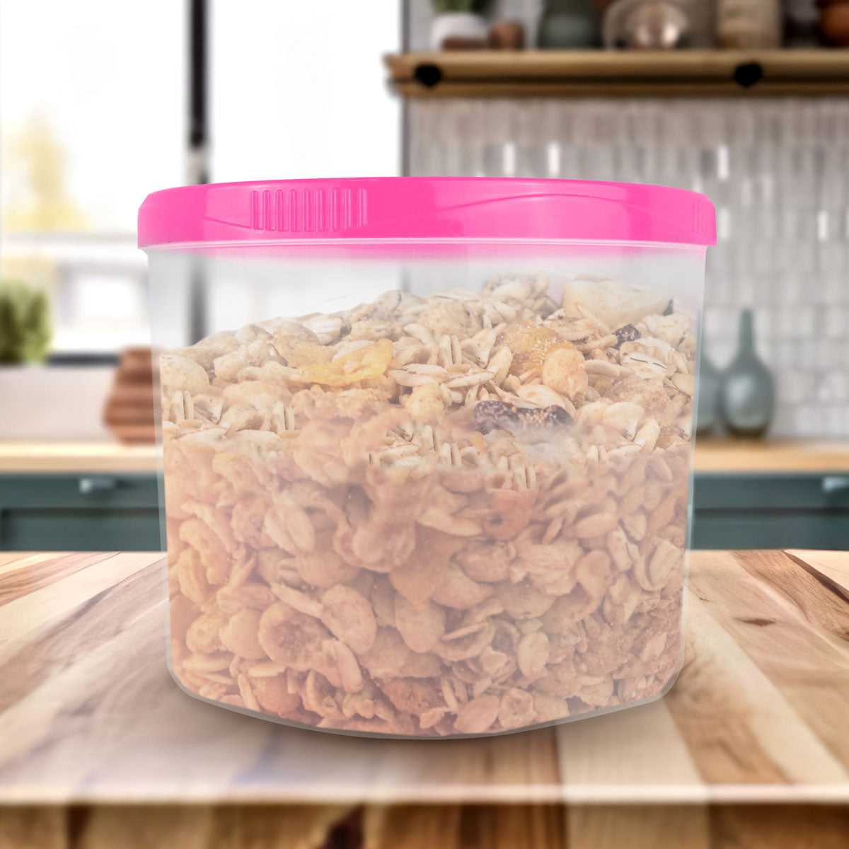 Contenedor Transparente Redondo, Tapa Color Rosa, 1.2 L