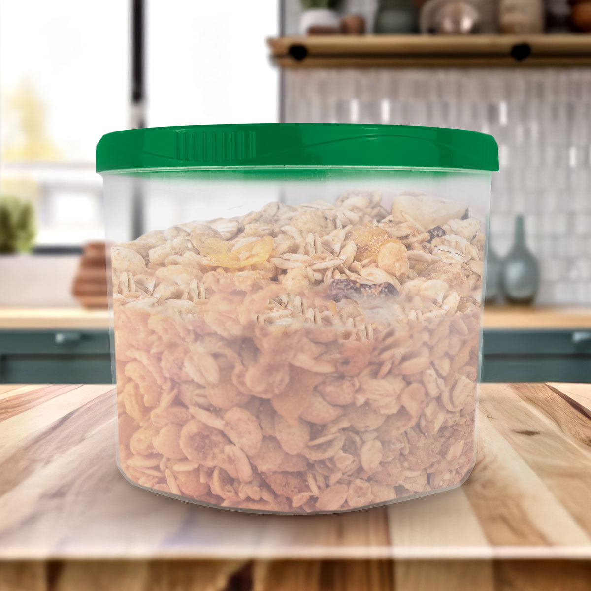 Contenedor Transparente Redondo, Tapa Color Verde, 1.2 L