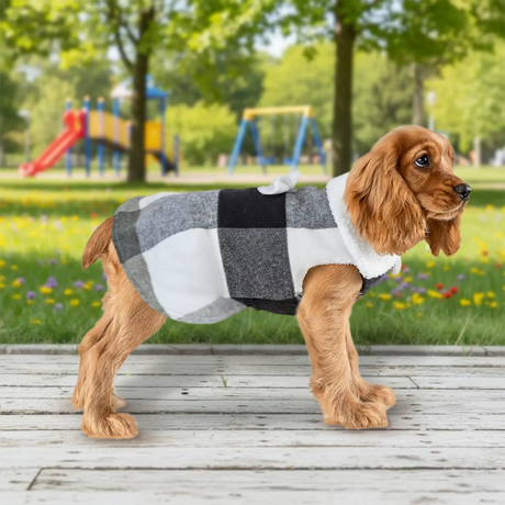 Vestido Invernal para Mascota, Diseño Cuadros, Color Blanco y Negro