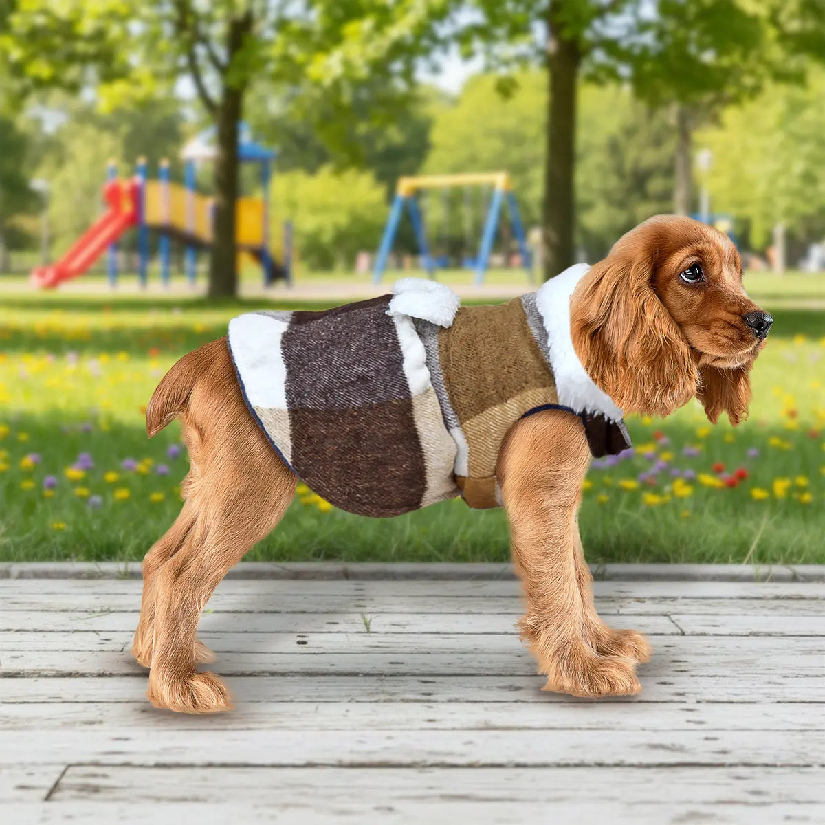 Vestido Invernal para Mascota, Diseño Cuadros, Color Blanco y Café
