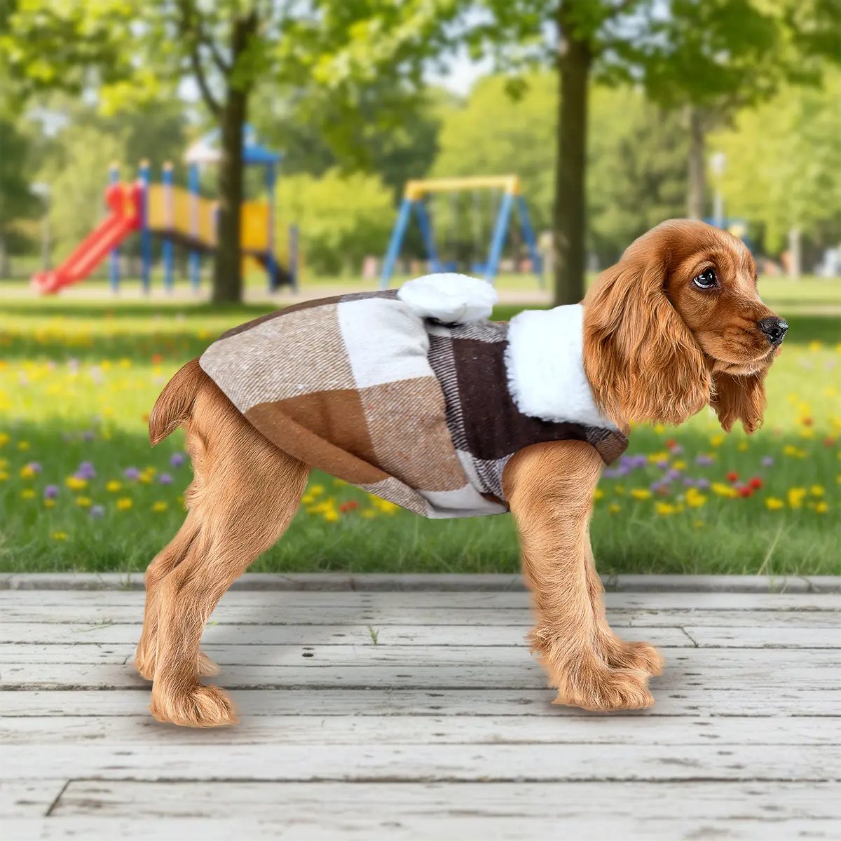 Vestido Invernal para Mascota, Diseño Cuadros, Color Café