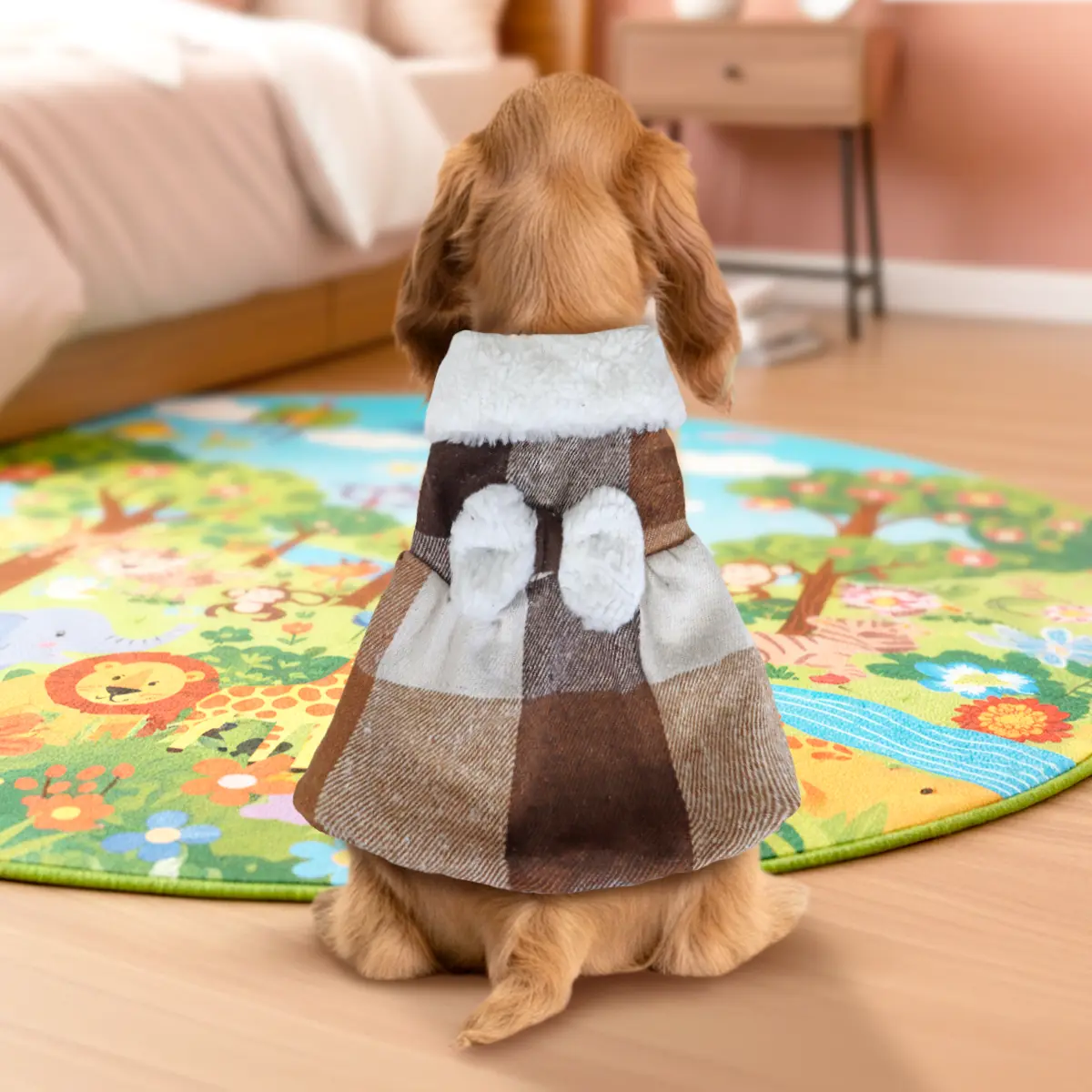 Vestido Invernal para Mascota, Diseño Cuadros, Color Café