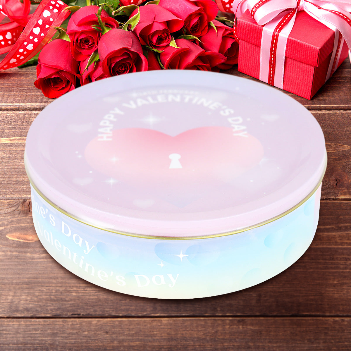 Caja Circular con Galletas "Happy Days", color Rosa 300 gr.&nbsp;