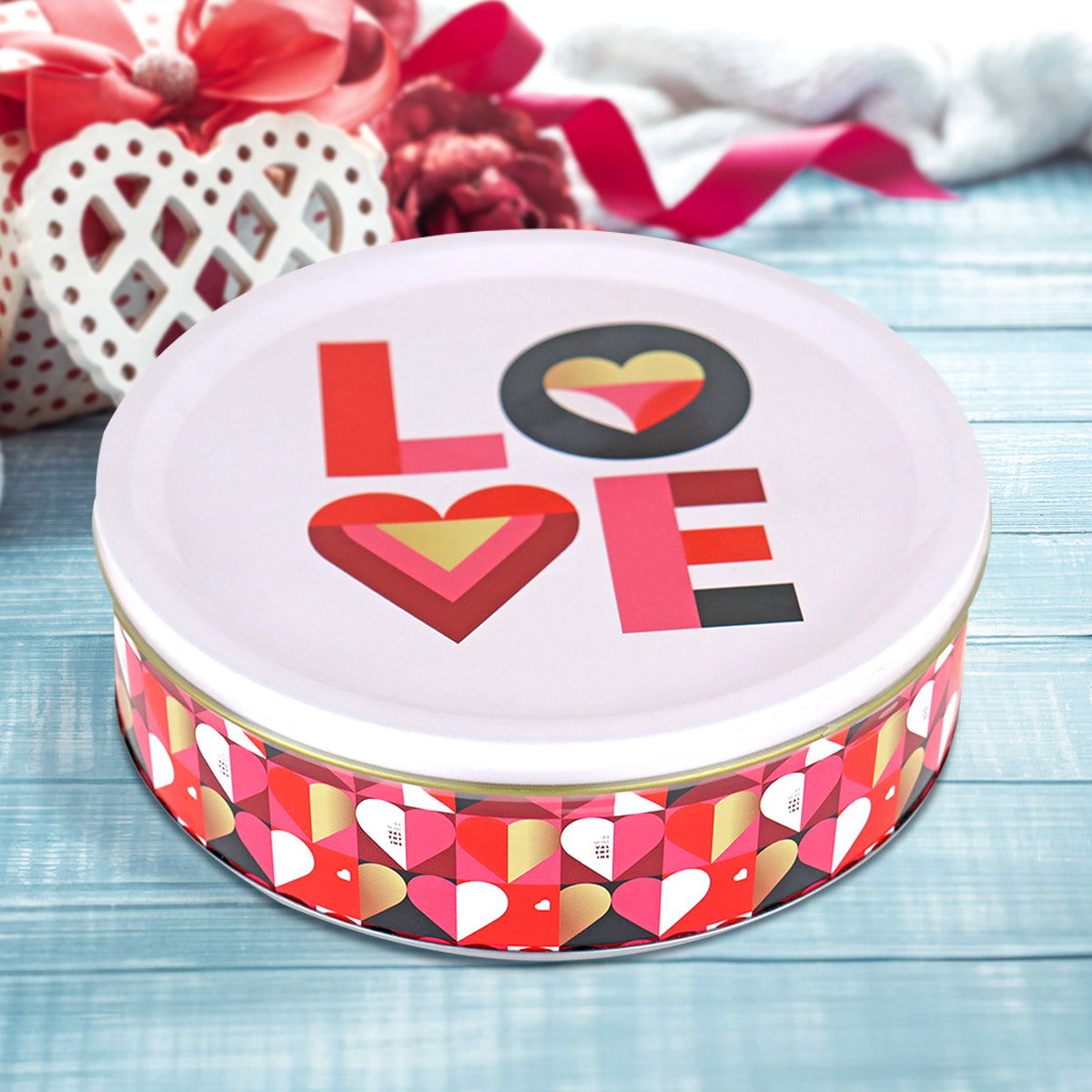 Caja Circular con Galletas "Love", color Rosa 300 gr.