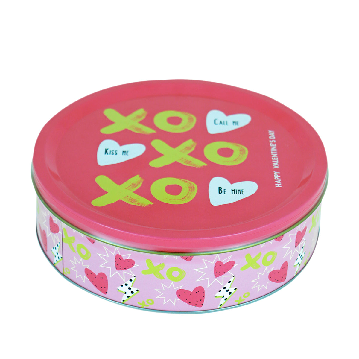 Caja Circular con Galletas "XOXO", color Rosa 300 gr.