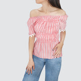 Blusa con Corte Campesino para Dama, color Rojo