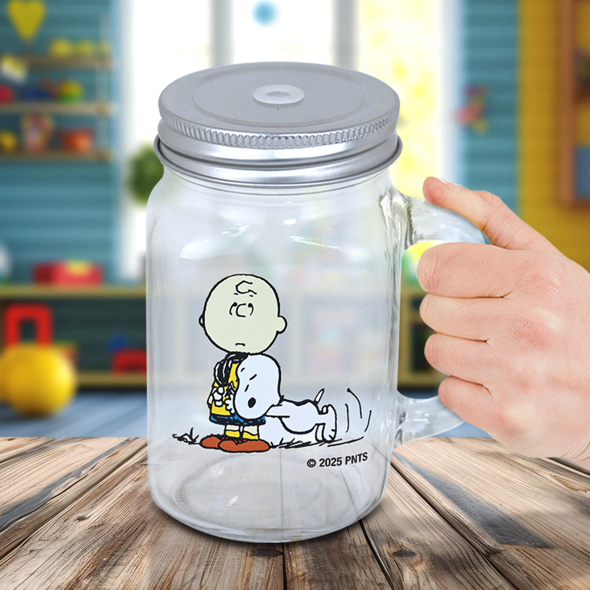 Vaso Mason Jar, Snoopy y Charlie Brown