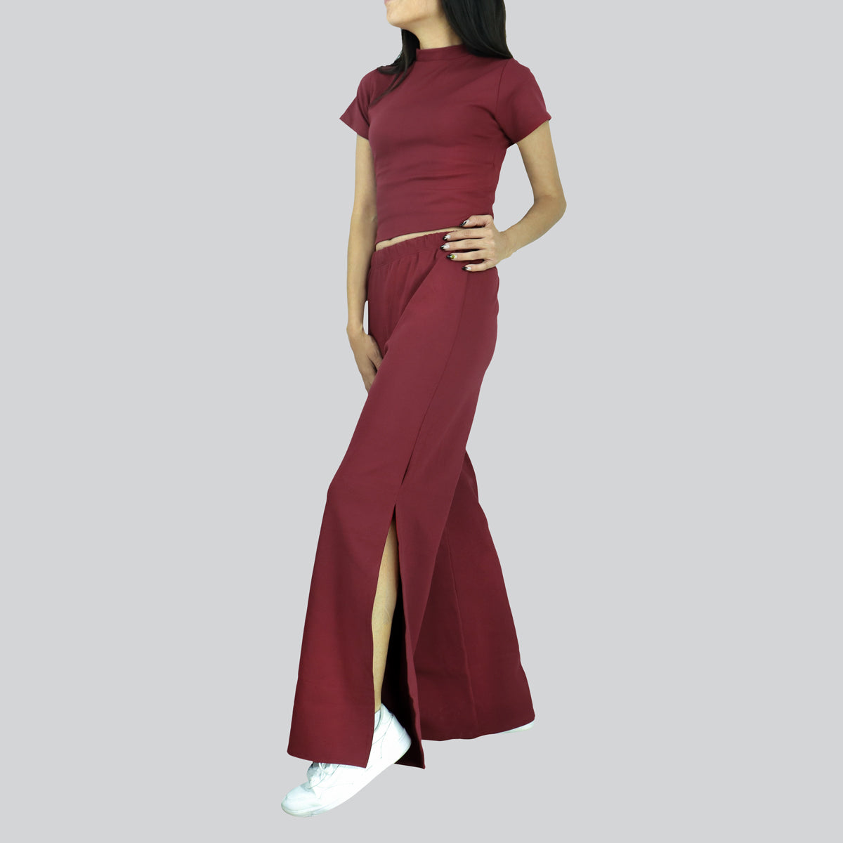 Conjunto Juvenil de Blusa y Pantalón con Abertura Lateral, color Vino