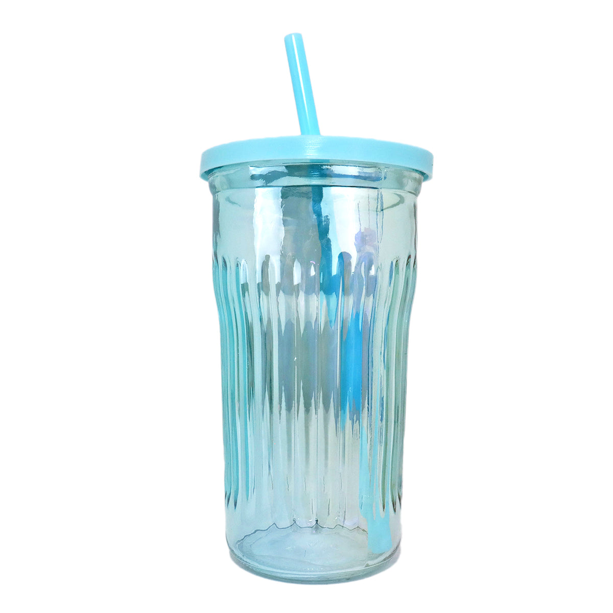 Vaso de Cristal con Tapa y Popote, Tornasol Color Azul, 480 ml