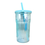 Vaso de Cristal con Tapa y Popote, Tornasol Color Azul, 480 ml