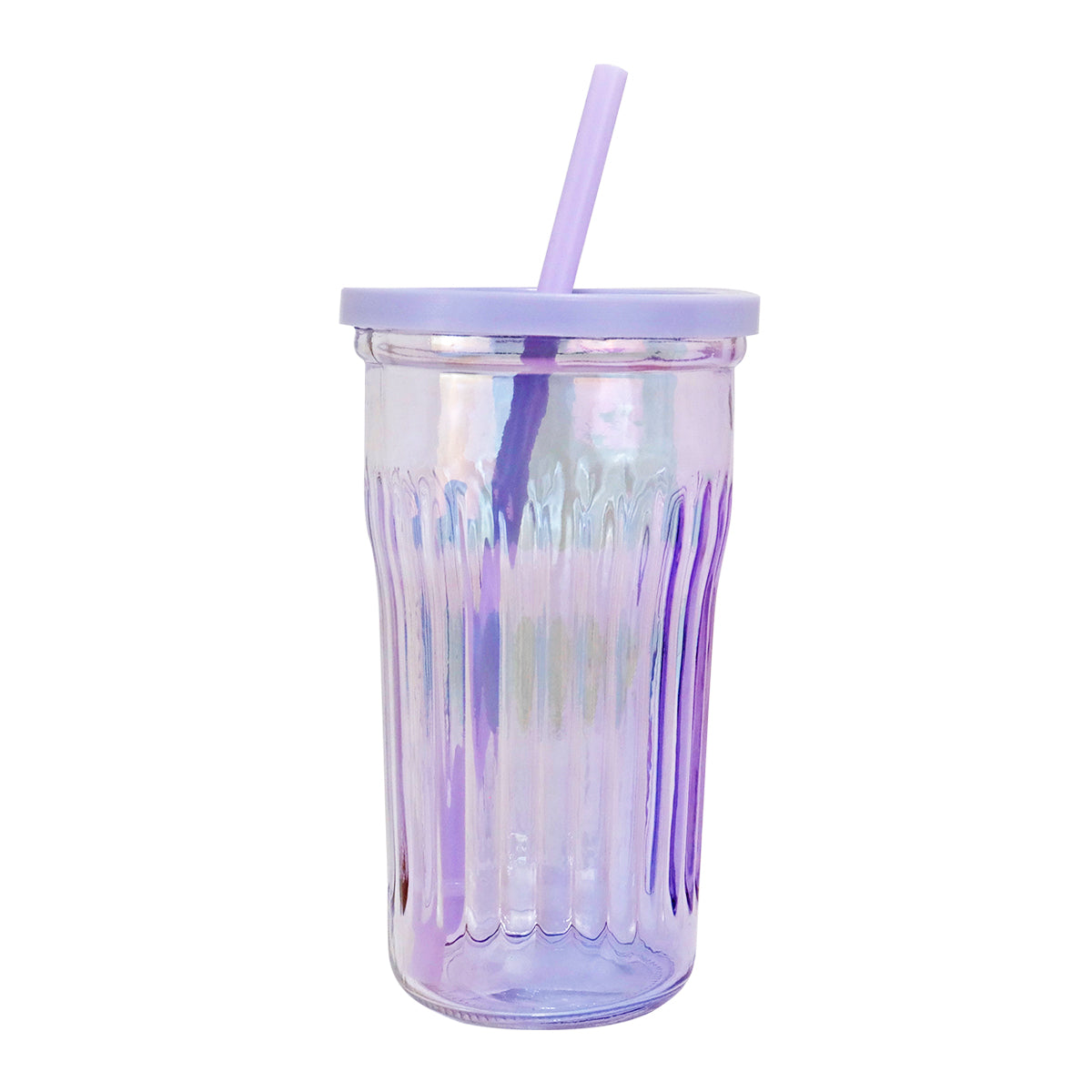 Vaso de Cristal con Tapa y Popote, Tornasol Color Morado, 480 ml