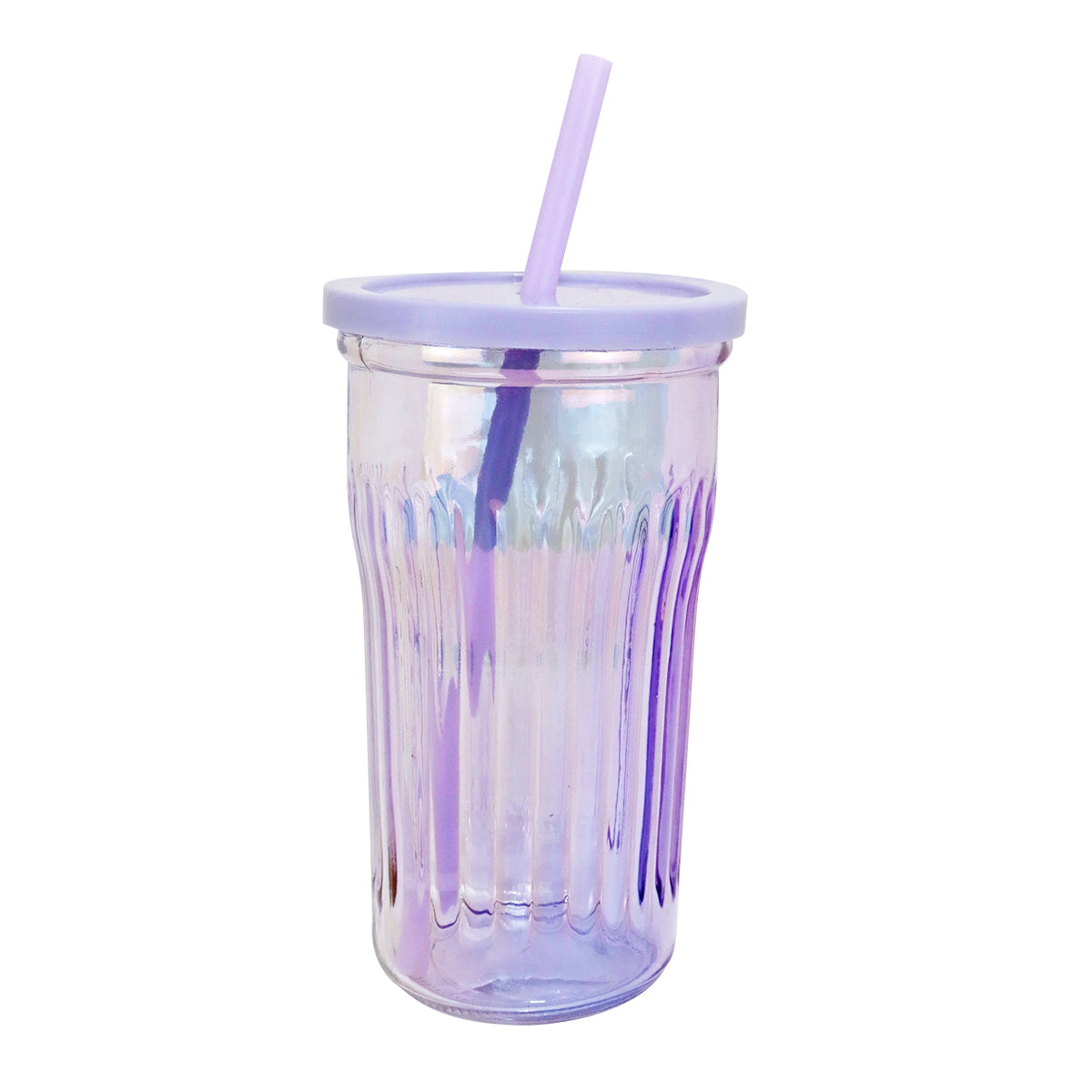 Vaso de Cristal con Tapa y Popote, Tornasol Color Morado, 480 ml