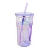 Vaso de Cristal con Tapa y Popote, Tornasol Color Morado, 480 ml