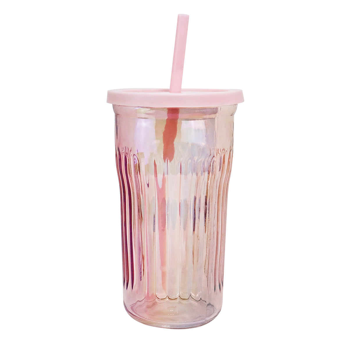 Vaso de Cristal con Tapa y Popote, Tornasol Color Rosa, 480 ml
