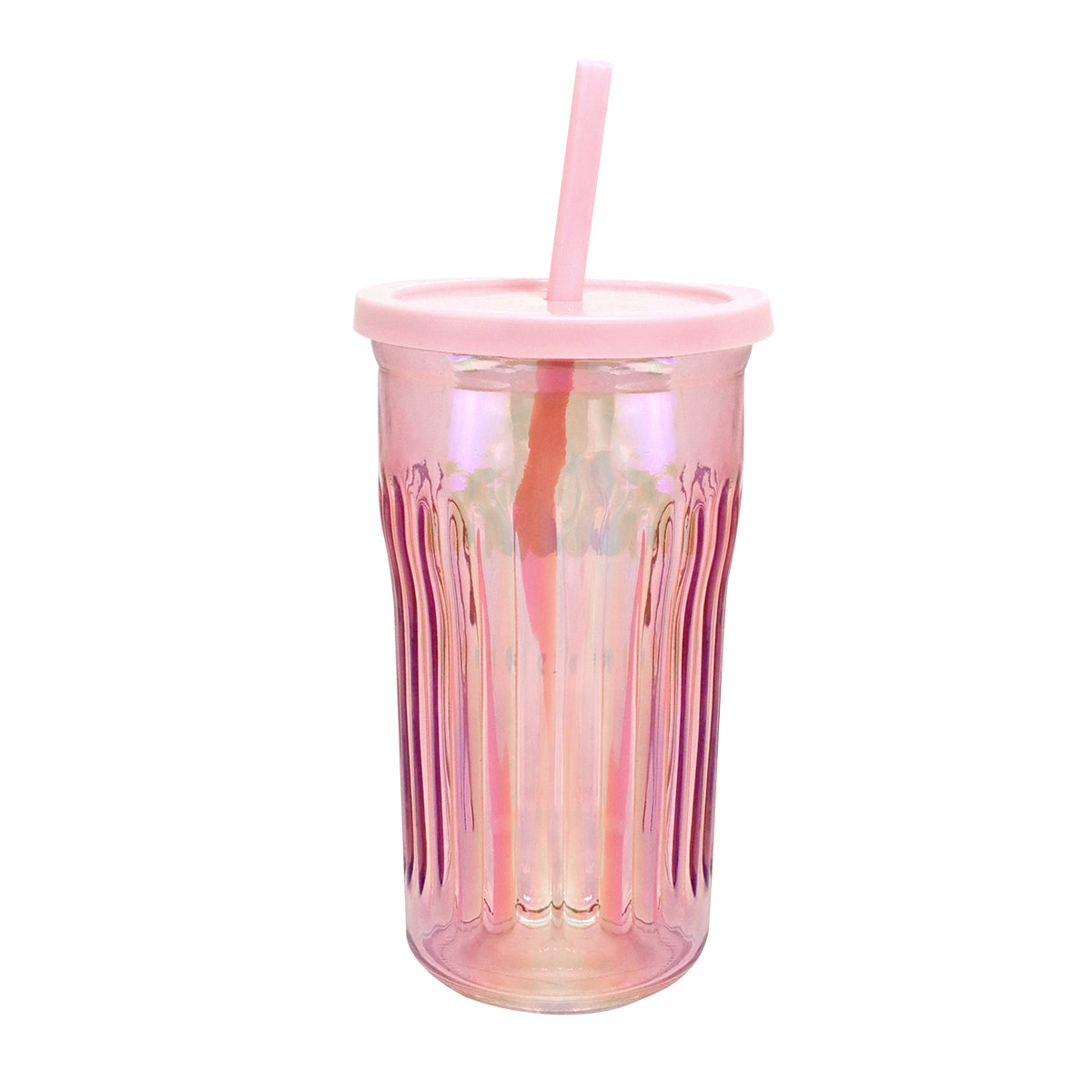 Vaso de Cristal con Tapa y Popote, Tornasol Color Rosa, 480 ml